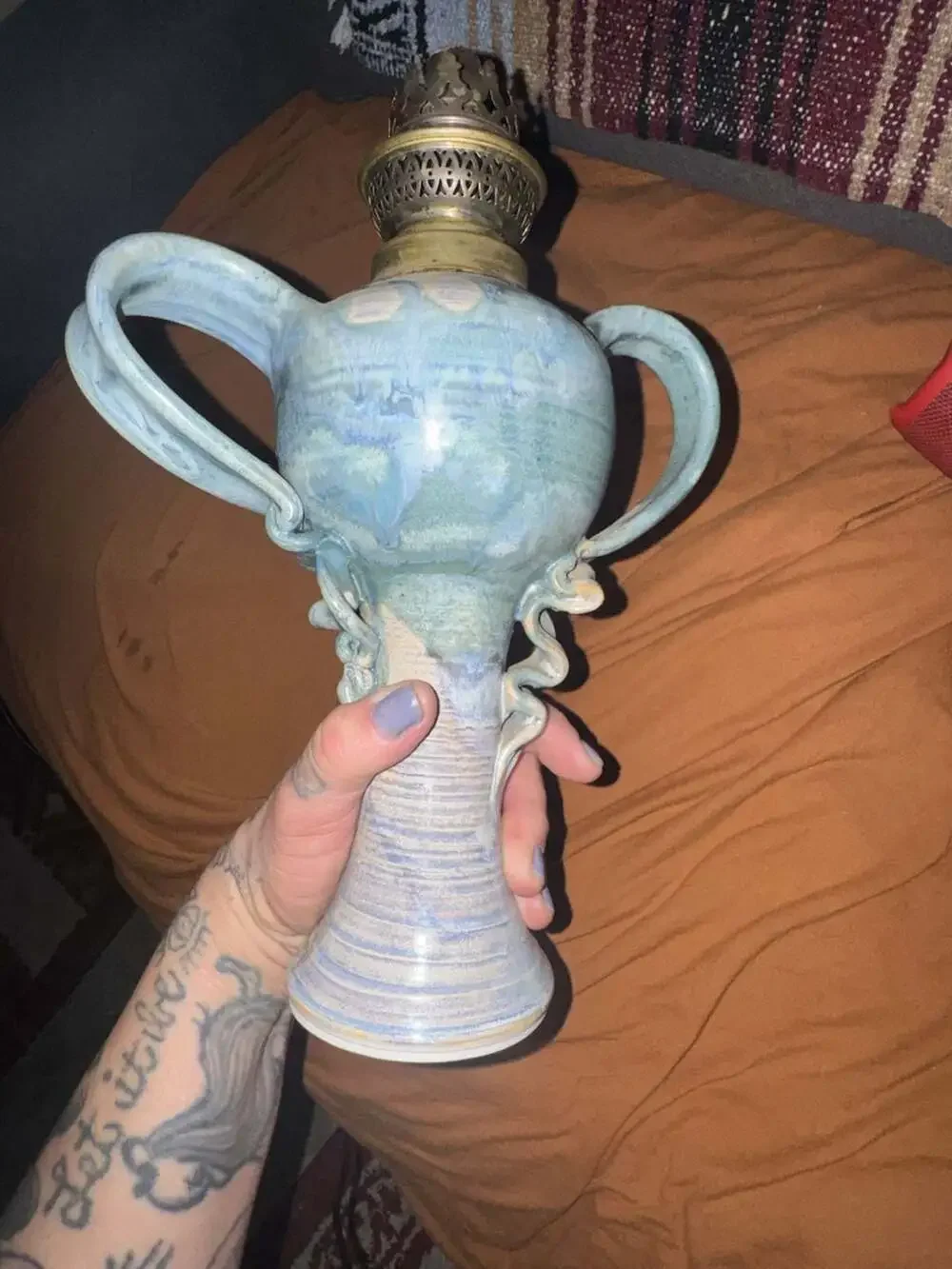 Vintage Handcrafted Studio Pottery Ceramic Oil Lamp with Blue Glaze
